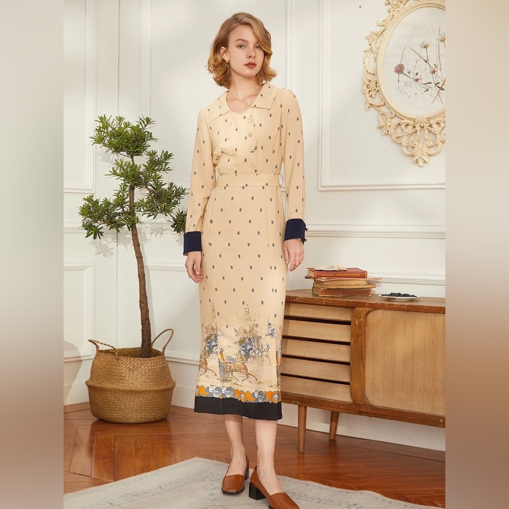 Simple Retro cream and navy 1940’s style silk midi dress